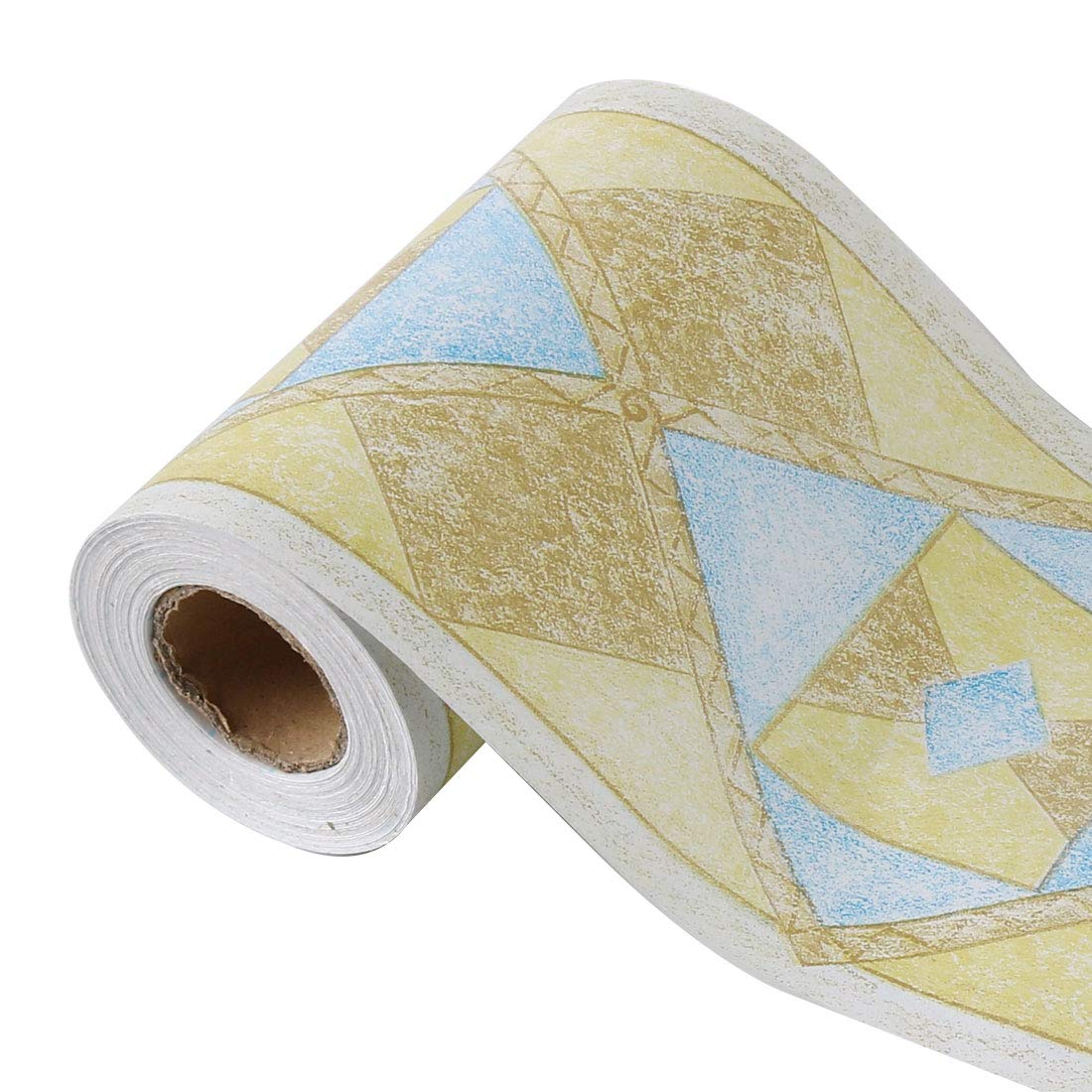 sourcing map Wall Paper Border Self Stick Wall Covering PVC Floor Borders for Kitchen Bathroom Bedroom Wall Decor Paper, Rhombus Pattern Yellow Blue, 3.94 Inch by 32.8 feet