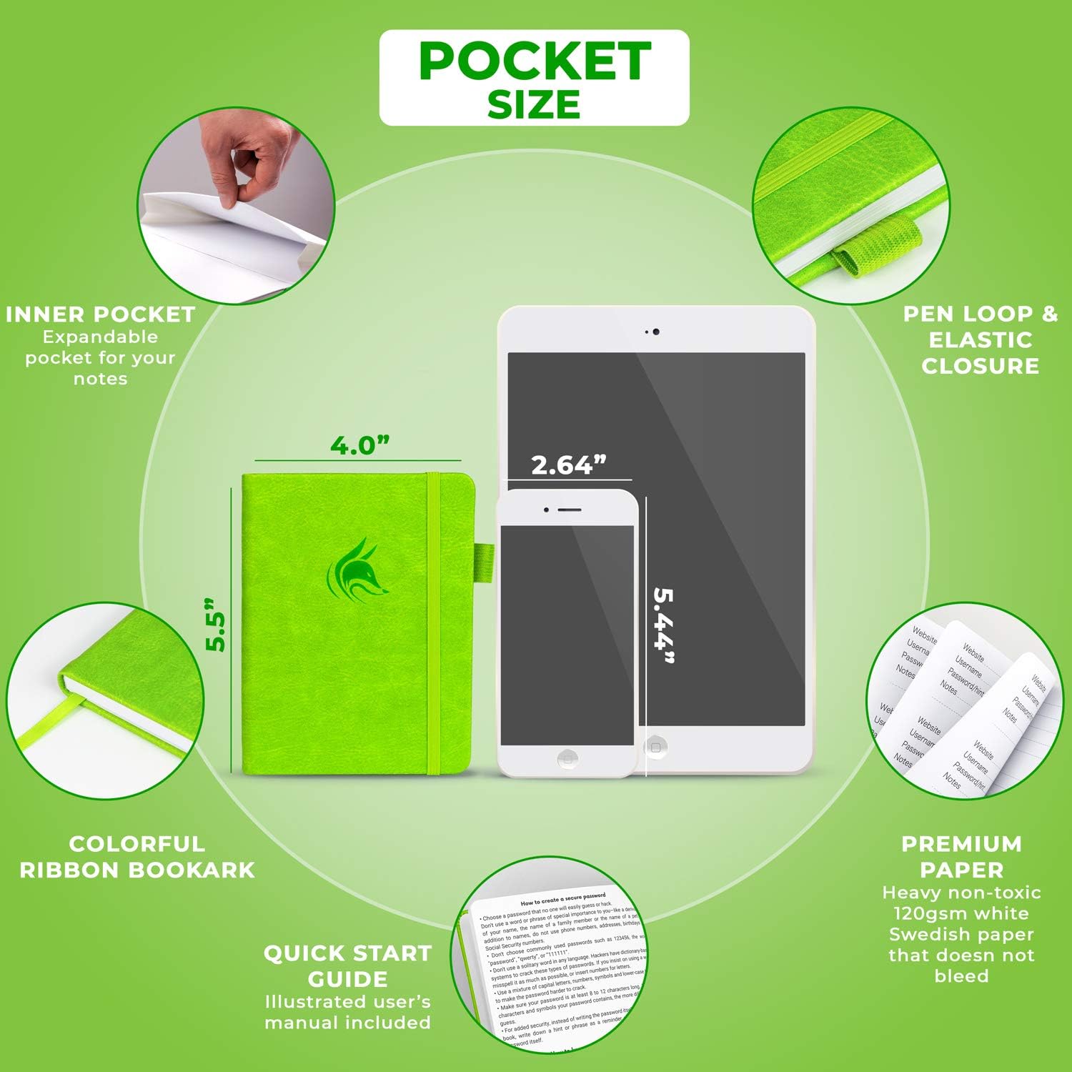 Clever Fox Password Book with alphabetical tabs. Internet Address Organizer Logbook. Small Pocket Password Keeper for Website Logins (Green) - Image 3