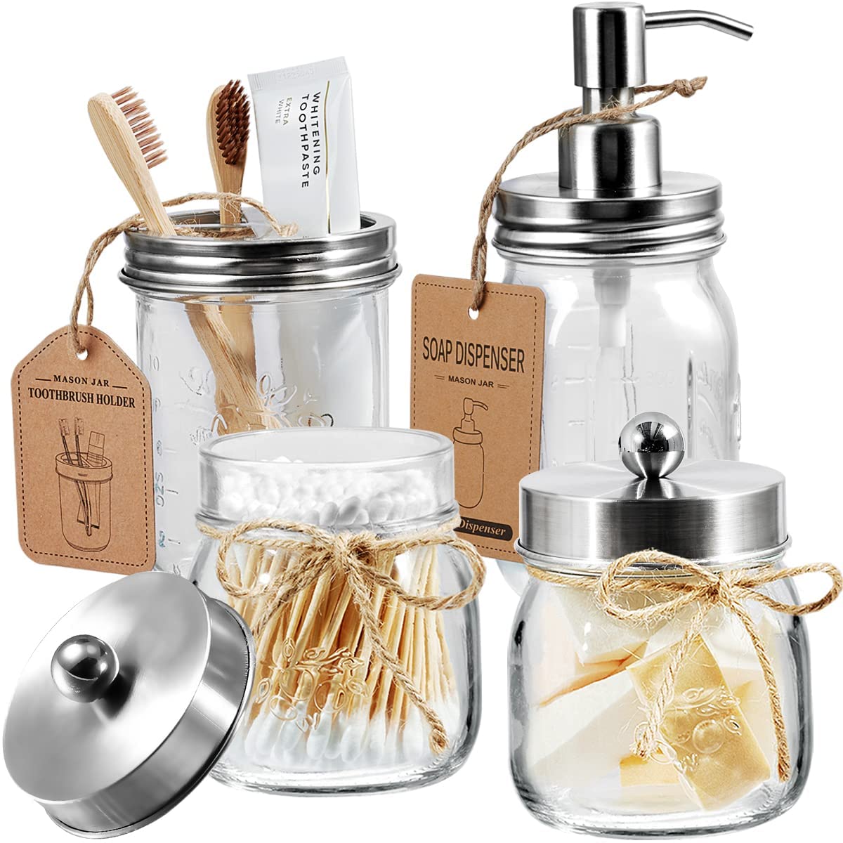 Photo 1 of **MISSING ONE PIECE**
Amolliar Mason Jar Bathroom Accessories Set(4 Pcs) -Lotion Soap Dispenser & 2 Qtip Holder & Toothbrush Holder-Rustic Farmhouse Decor, Countertop Vanity Organize, Bathroom Home Decor (Brushed Nickel)