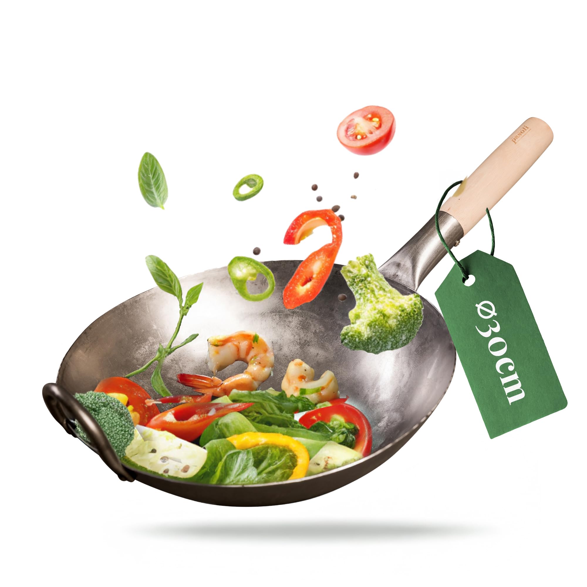 pasoli Wok | Flat Bottom | for The Stove (Including Induction) | 30 cm Diameter | Traditional Hand-Hammered Carbon Steel Wok | Wooden Handle | Natural Non-Stick Surface