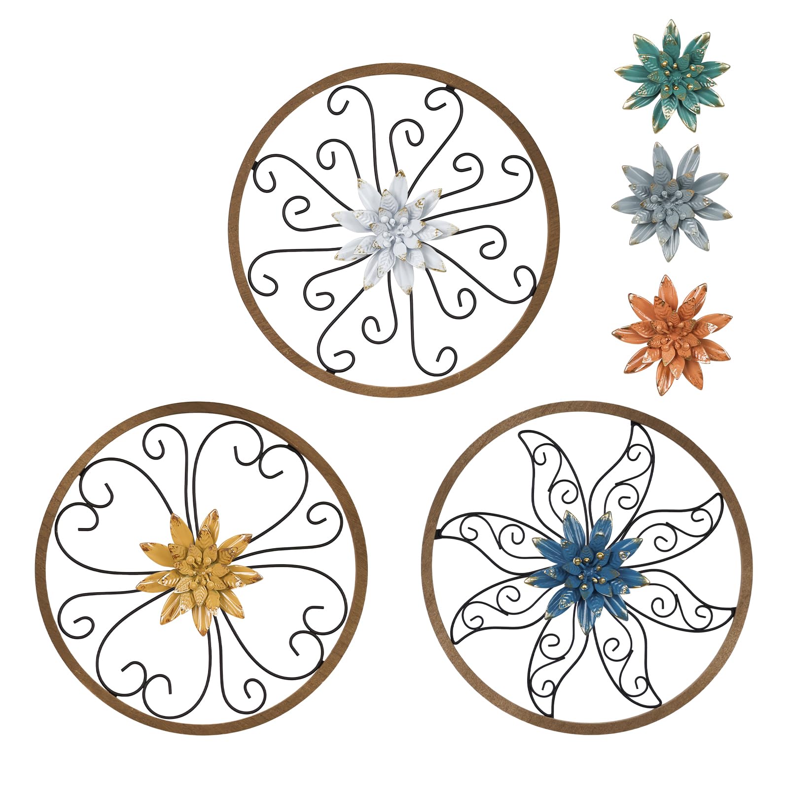 hogardeck Metal Flower Wall Decor - 3 pcs 11" Metal Wood Floral Wall Decoration with 6 Piece Interchangeable Flowers, Hanging Rustic Wall Art for Bedroom, Living Room, Bathroom, Kitchen Image