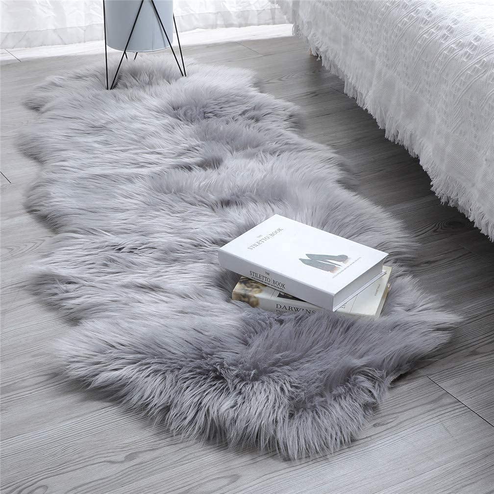 HEQUN Faux Fur Rug, Fluffy Rug, Shaggy Rugs,Faux Sheepskin Rugs Floor Carpet for Bedrooms Living Room Kids Rooms Decor (Grey, 60 x 160 cm)