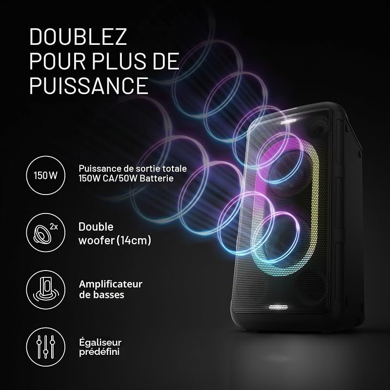 SC-BMAX10E-K Enceinte de Fête Portable avec Bluetooth, Lumières Intégrées, 150W, USB, Entrée Optique pour TV, Entrées Guitare et Micro pour Karaoké, Noir