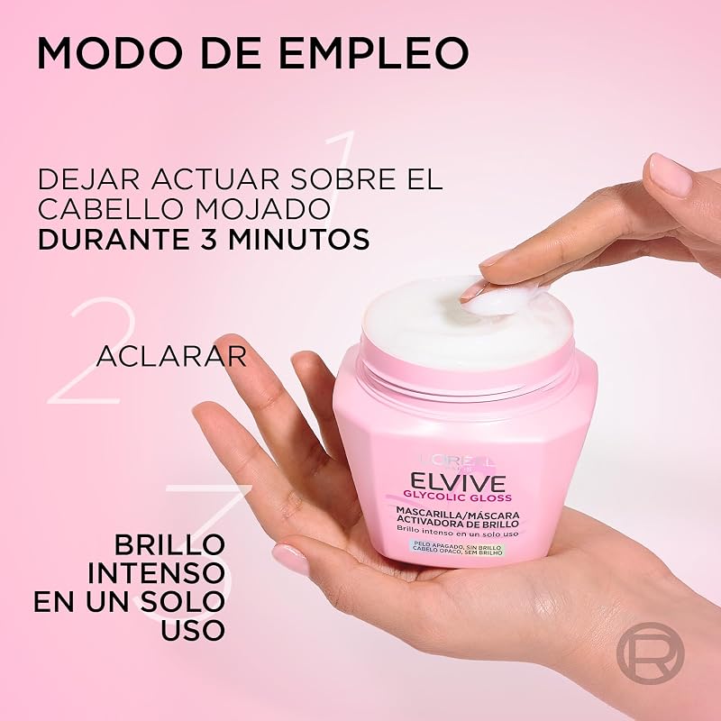 L'Oréal Paris, Mascarilla Activadora del Brillo, Brillo Intenso en Un Solo Uso, Cabello Más Liso, Con Ácido Glicólico, Para Cabello Apagado y Sin Vida, Elvive Glycolic Gloss, 310 ml