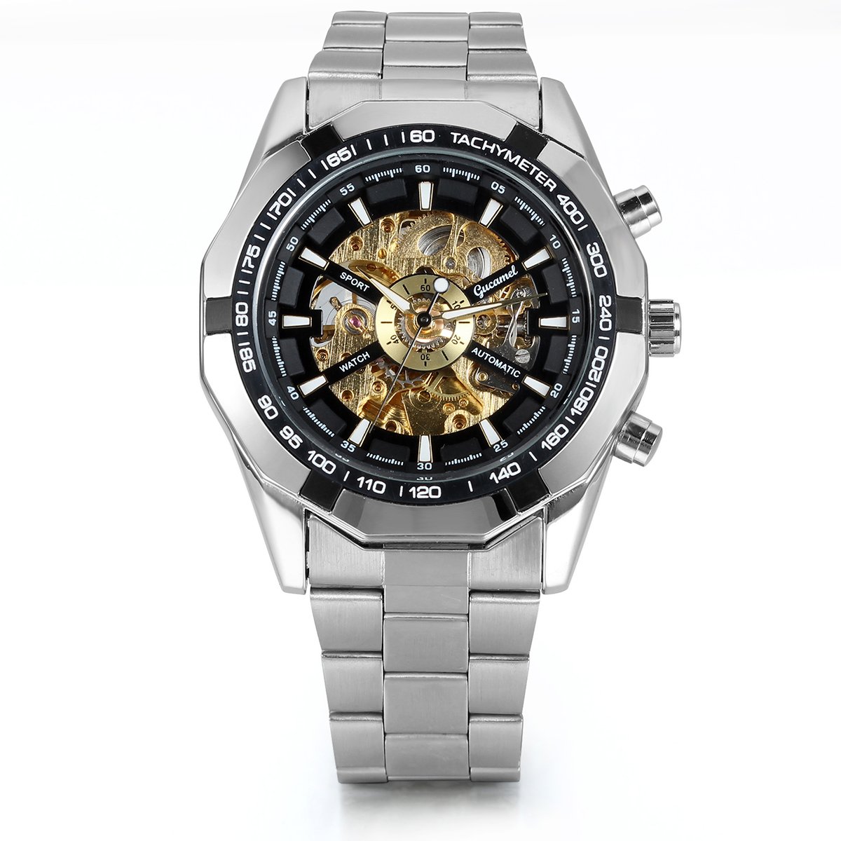 JewelryWe Mens Skeleton Wrist Watch: Classic Mechanical Automatic Watch Black Bezel Skeleton Dial Stainless Steel Steampunk Dress Watch for Fathers Day Valentines Day Birthday