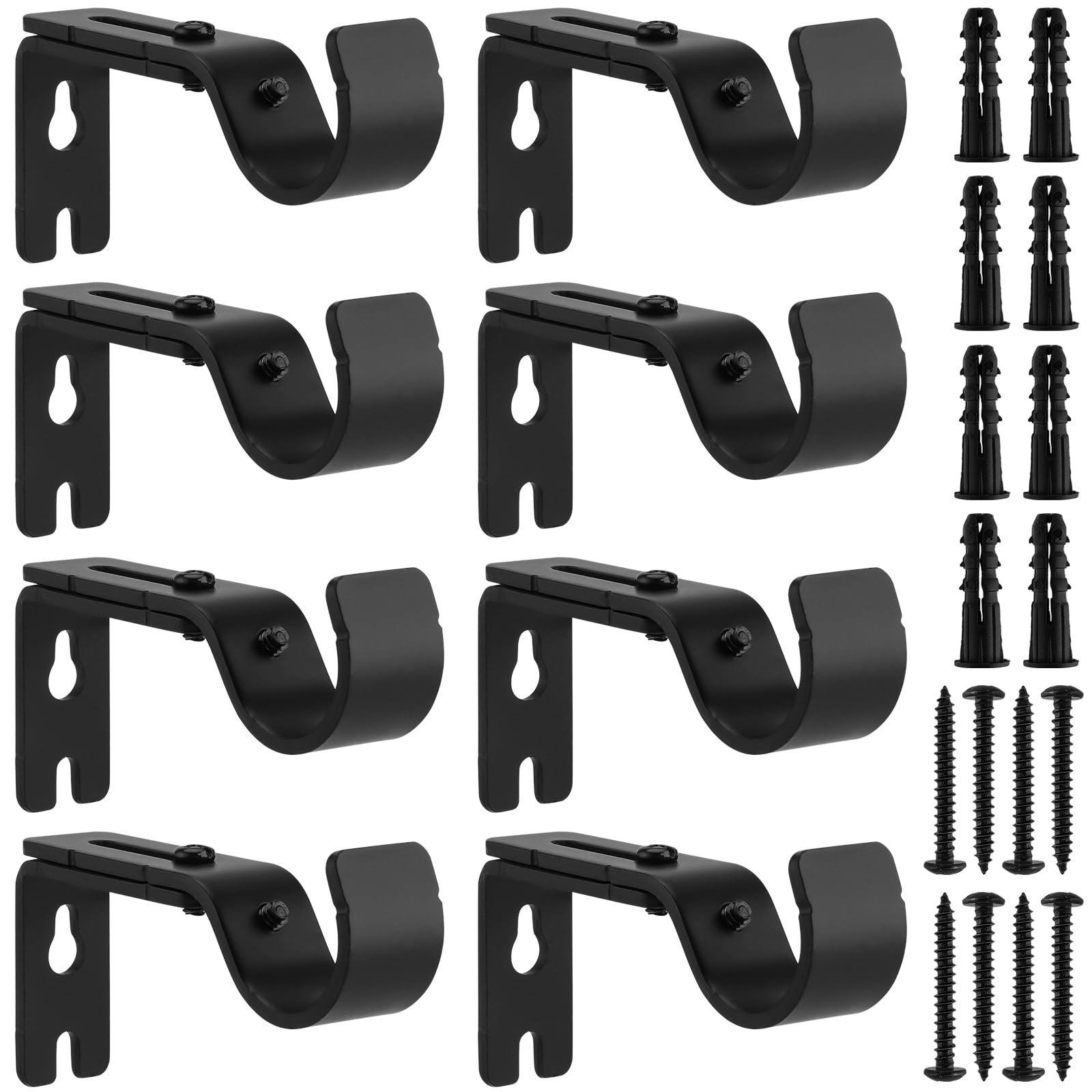 FUNSUEI 8 PCS Adjustable Curtain Pole Brackets, Heavy Duty Metal Curtain Pole Holder with Screw, for Home, Bedroom, Office (Black)