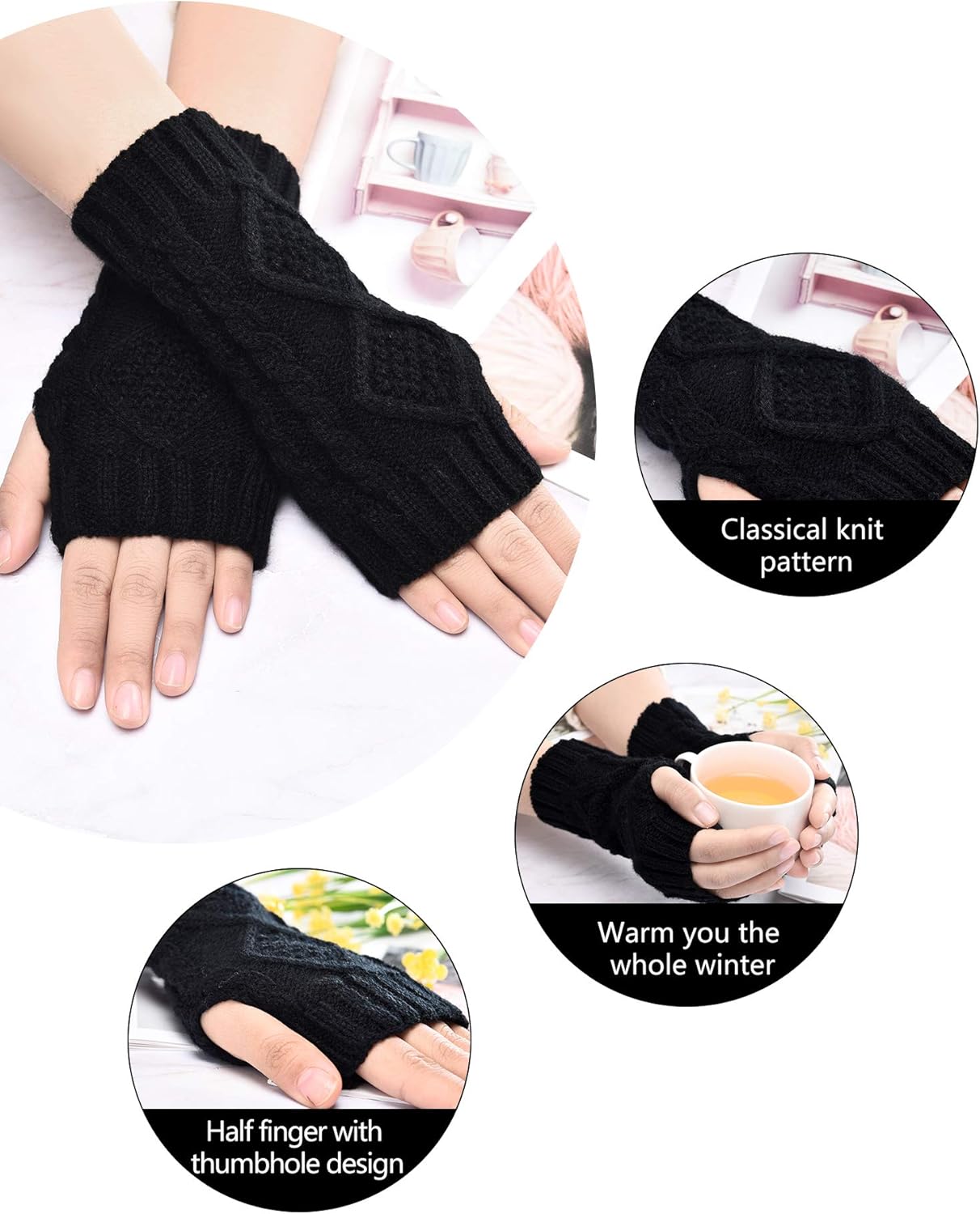 4 Pairs Women Winter Warm Knit Fingerless Gloves Thumbhole Arm Warmers Mittens (Black, 4) at  Women’s Clothing store
