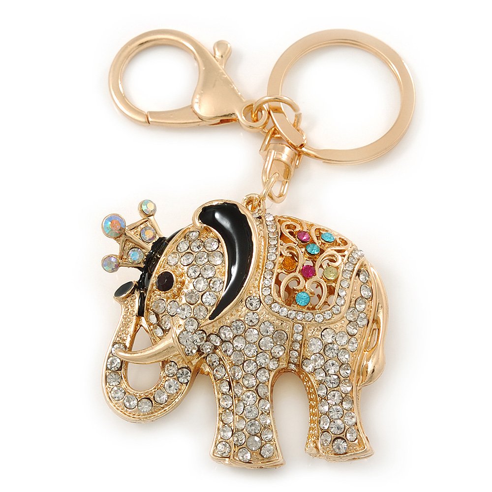 Avalaya Crystal Queen Elephant Keyring/Bag Charm In Gold Plating - 11cm L