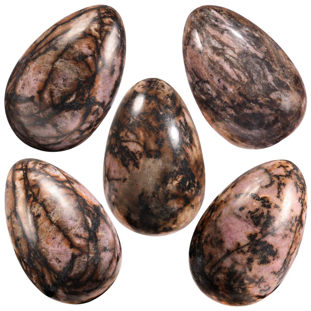 Nupuyai 5pcs Rhodonite Crystal Egg Pocket Stones Set for Anxiety Healing, Polished Carved Worry Stones for Chakra Reiki Meditation