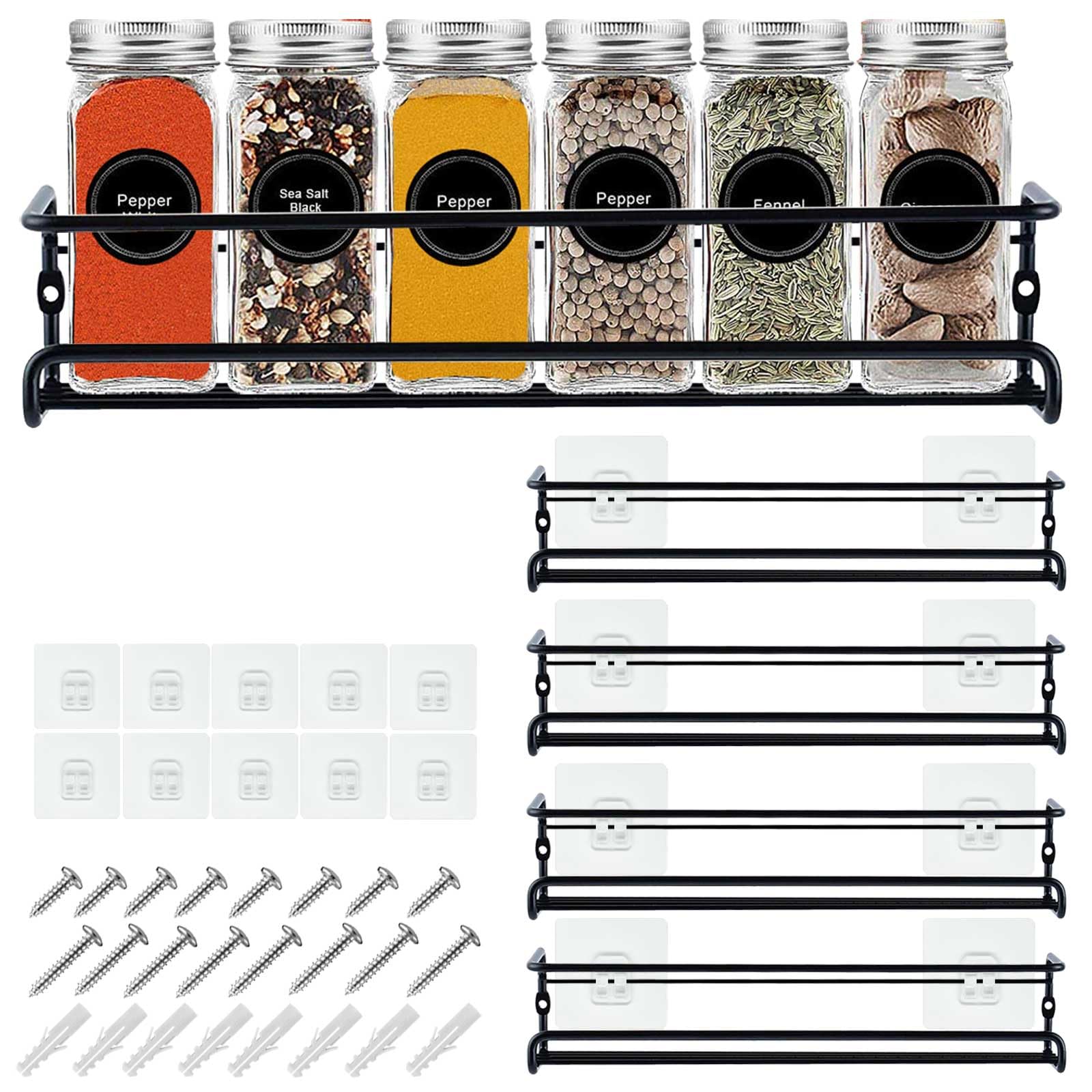 BAORELST Spice racks Organizer 4 Tier Wall Mounted Condiment Holder With Adhesive Sticker and Screws for Kitchen Condiments & Inside Cupboard Spice Organizer Tidy (Black)