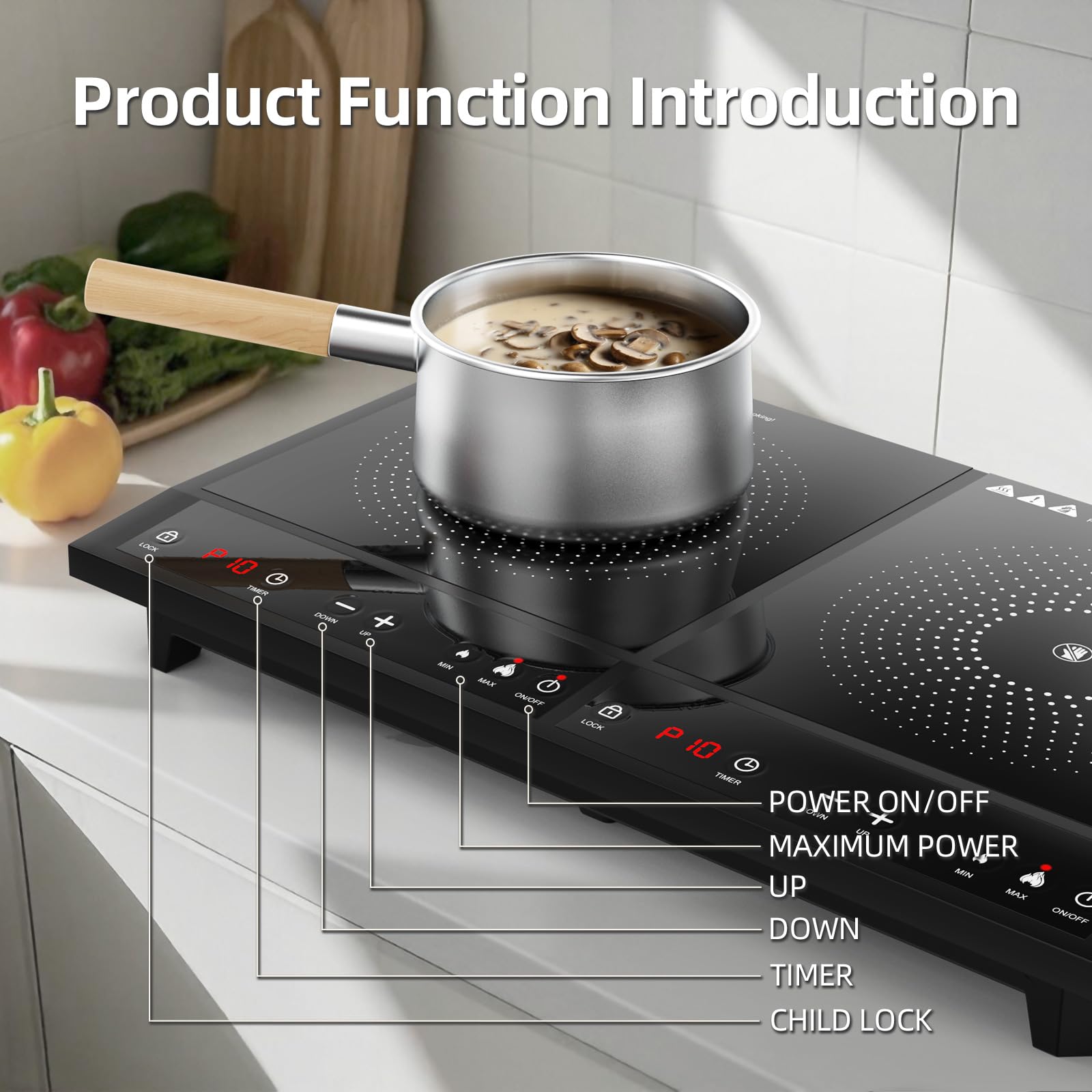 Double Induction Cooktop,Zopehan Portable Induction Cooker with 2 Burner Independent Control,Ultrathin Body,10 Temperature,1800W-Multiple Power Levels,3 Hour Timer,Safety Lock