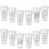 Havawish 12 Pcs Inspirational Christian Gift Bible Verse Tumbler Bulk 24 oz Drinking Tumblers with Lid Straw Religious Plastic Cup for Church Women Men Valentines Day Party Supplies (Clear)