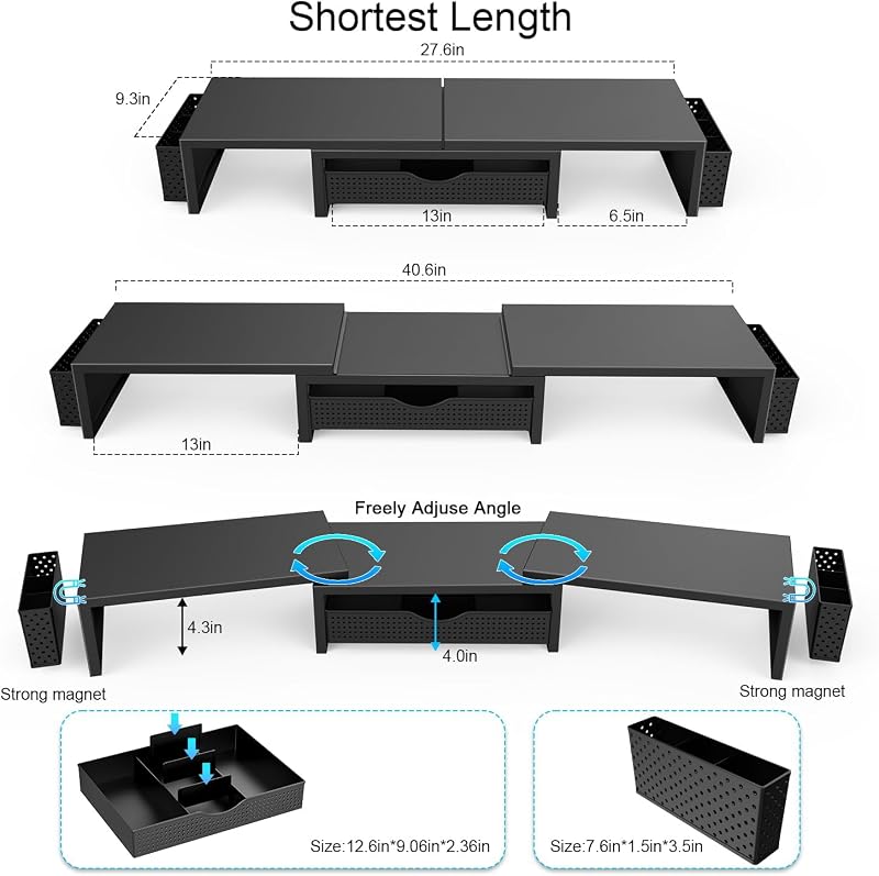 Support double pour moniteur, Accessoires de bureau en métal avec tiroir et 2 porte-stylos, Longueur et angle réglables - Support pour écran d’ordinateur, imprimante (Noir)