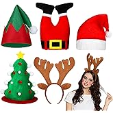 5 Pieces Christmas Hats and headband Set Santa Pants Design Hat, Elf Hat, Plush Christmas Tree Reindeer Headband