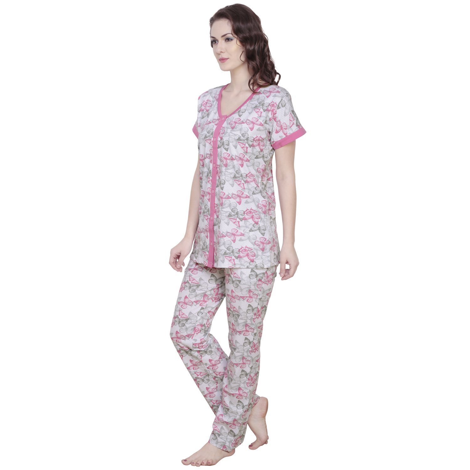 claura butterfly printed pink women cotton night suit pyjama set