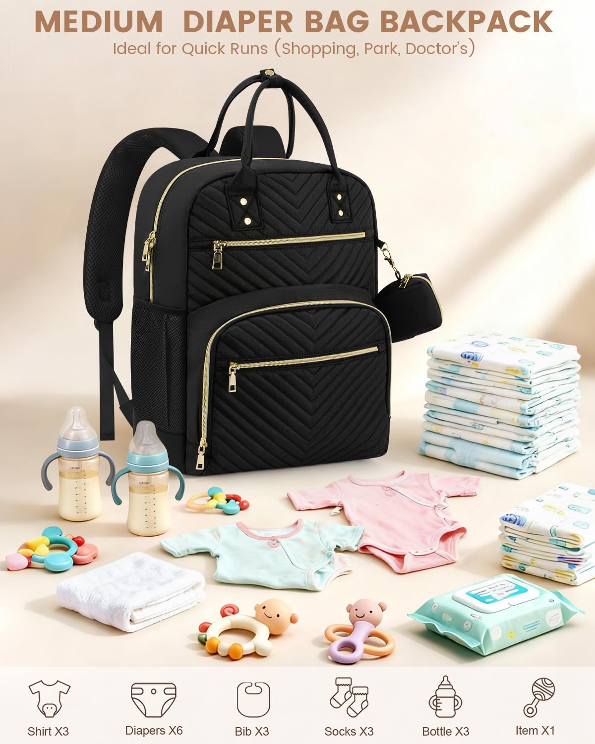 Diaper Bag Backpack,Baby Essentials Diapers Bag with Pacifier Case,Multipurpose Stylish Large Capacity Travel Backpack for Baby Girl/Boy(M-Black)