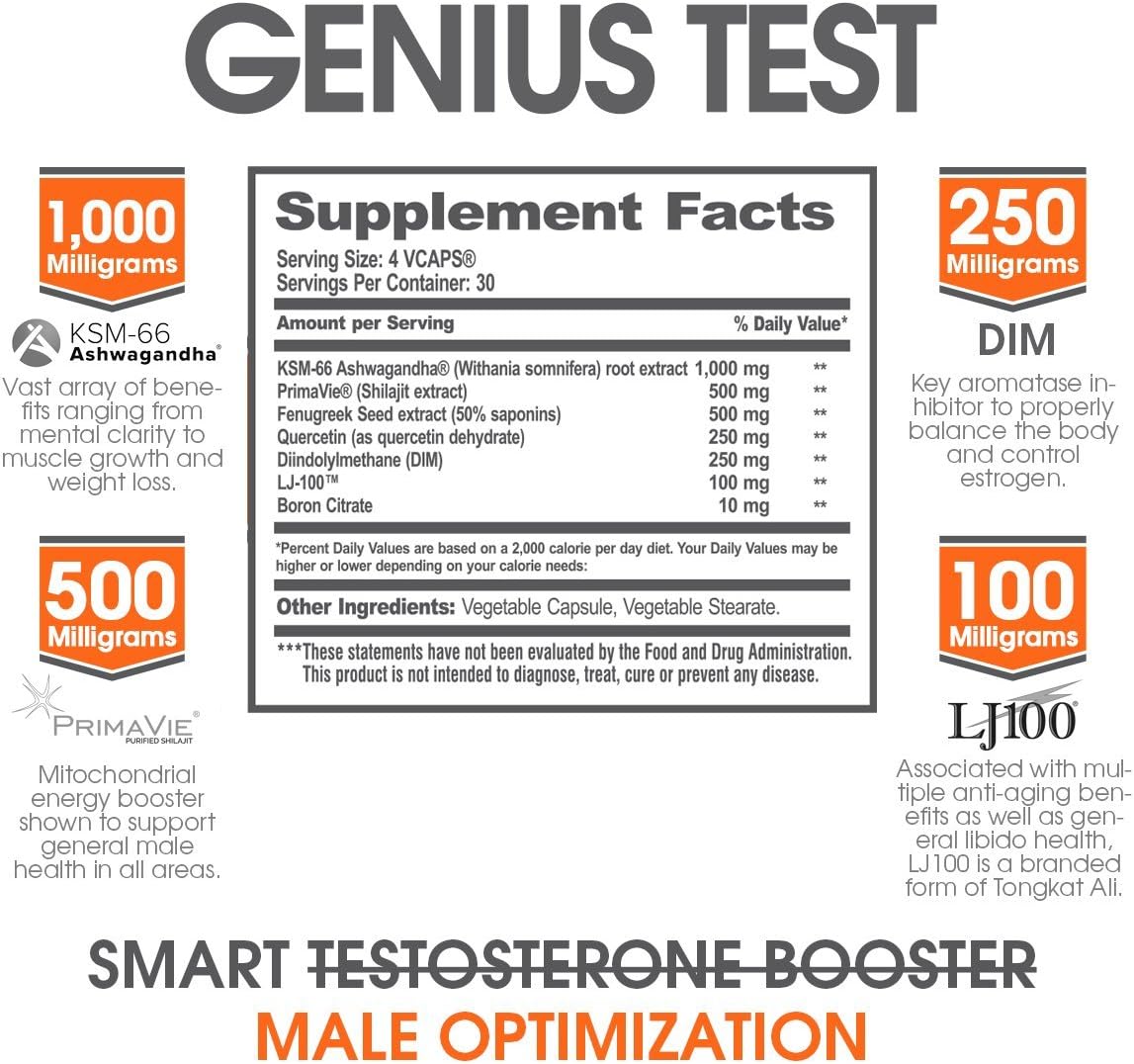 Genius Test - The Smart Testosterone Booster For Men | Natural Energy Supplement, Brain & Libido Support, Fat Loss | Muscle Builder with Ksm-66 Ashwagandha, Shilajit and Tongkat Ali, 120 Veggie Pills: Health & Personal Care