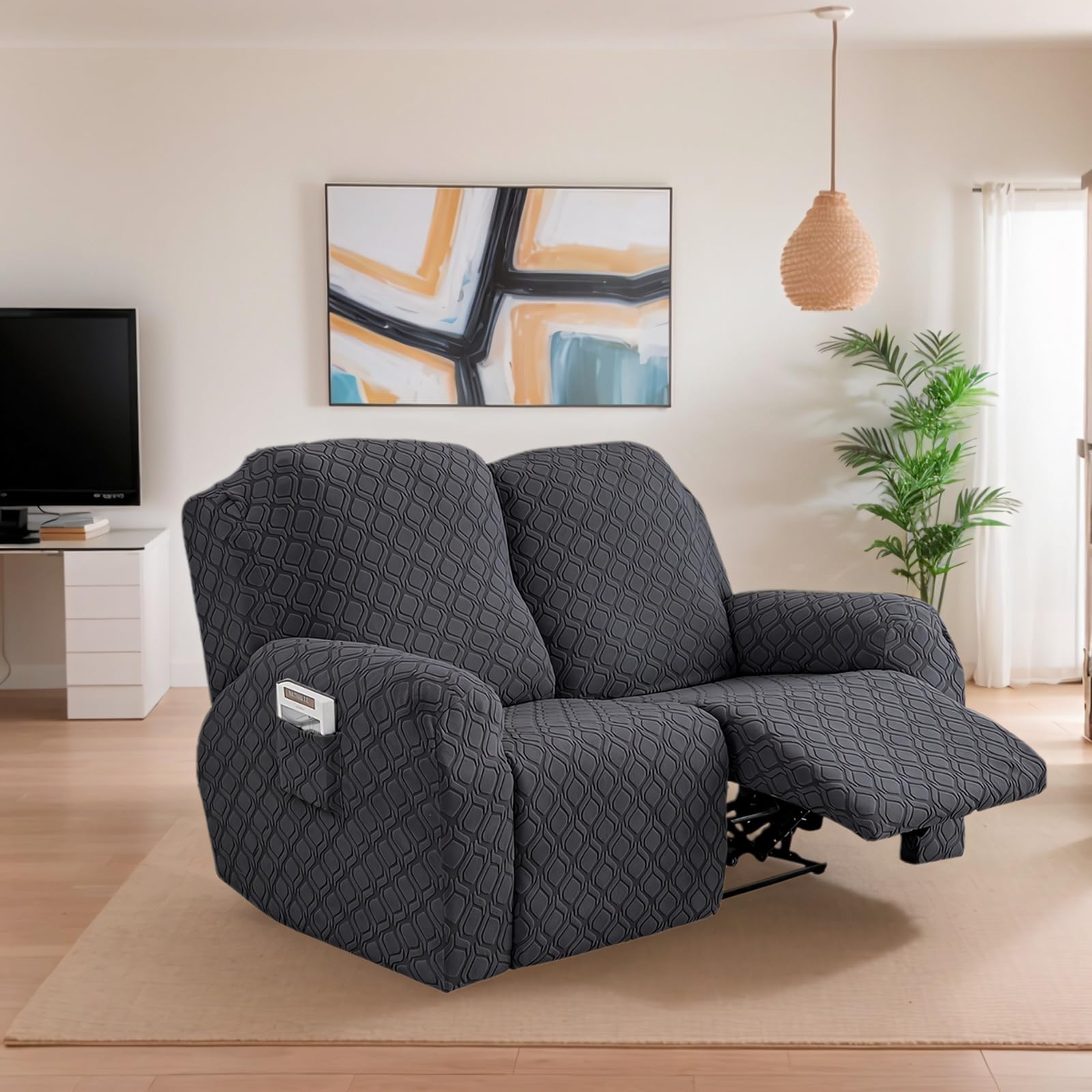 OKUYUK Recliner Chair Cover, 6-Pieces Stretch Recliner Covers for Recliner Chair Soft Reclining Chair Slipcover Furniture Protector for Dogs Cats (Dark Gray, 2 Seater)