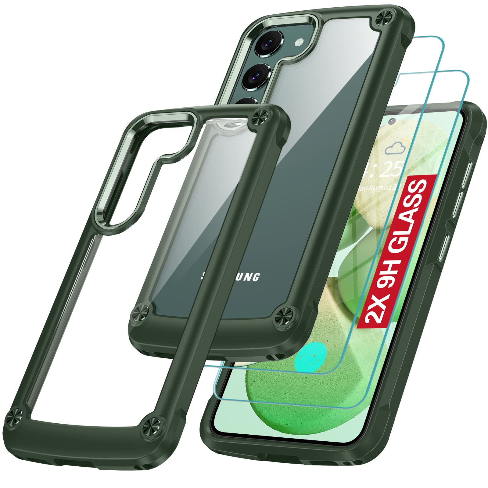 Oterkin for Samsung Galaxy S23 Plus Case Clear,[20X Anti-Yellowing] S23 Plus Case with [2Pcs Tempered Glass Screen Protectors][Built-in 4 Airbags][10FT Dropproof] Samsung Galaxy S23+ Case (Green)