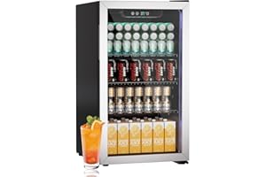 Erivess Compact Beverage Refrigerator,126 Can/3.2 Cubic Feet Fridge with Glass Door for Soda, Beer Under Counter Small Refrigerator with Adjustable Shelve & LED Display(Silver)