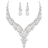 BriLove Women's Wedding Bridal Austrian Crystal Teardrop Flower Cluster Statement Necklace Dangle Earrings Jewelry Set for Party Prom