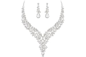 BriLove Women's Wedding Bridal Austrian Crystal Teardrop Flower Cluster Statement Necklace Dangle Earrings Jewelry Set for Party Prom