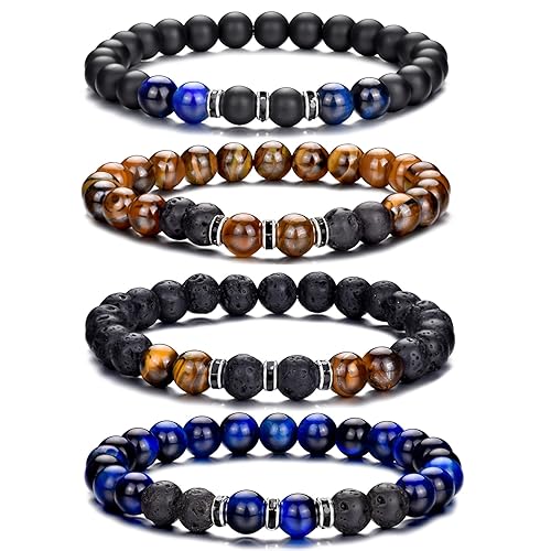 RANKEEF Tiger Eye Bracelet For Men 8MM Natural Stone Beads Bracelet Set Stretch Lava Rock Bracelets Adjustable Black Crystal Beaded Bracelet for Men Women Gifts