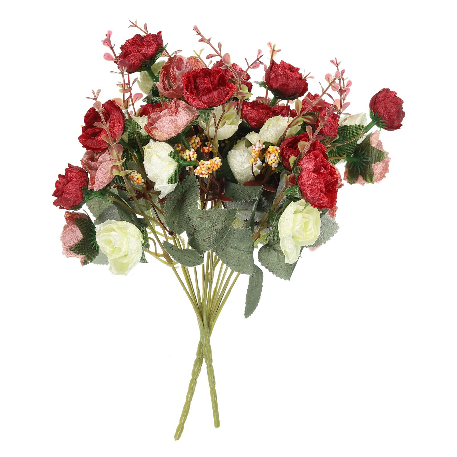 PATIKIL 7 Branch 21 Heads Artificial Silk Mini Rose with Stem, 2 Pack Fake Flowers Leaf Rose Decor Bouquet for Wedding Home Office Decoration, Red