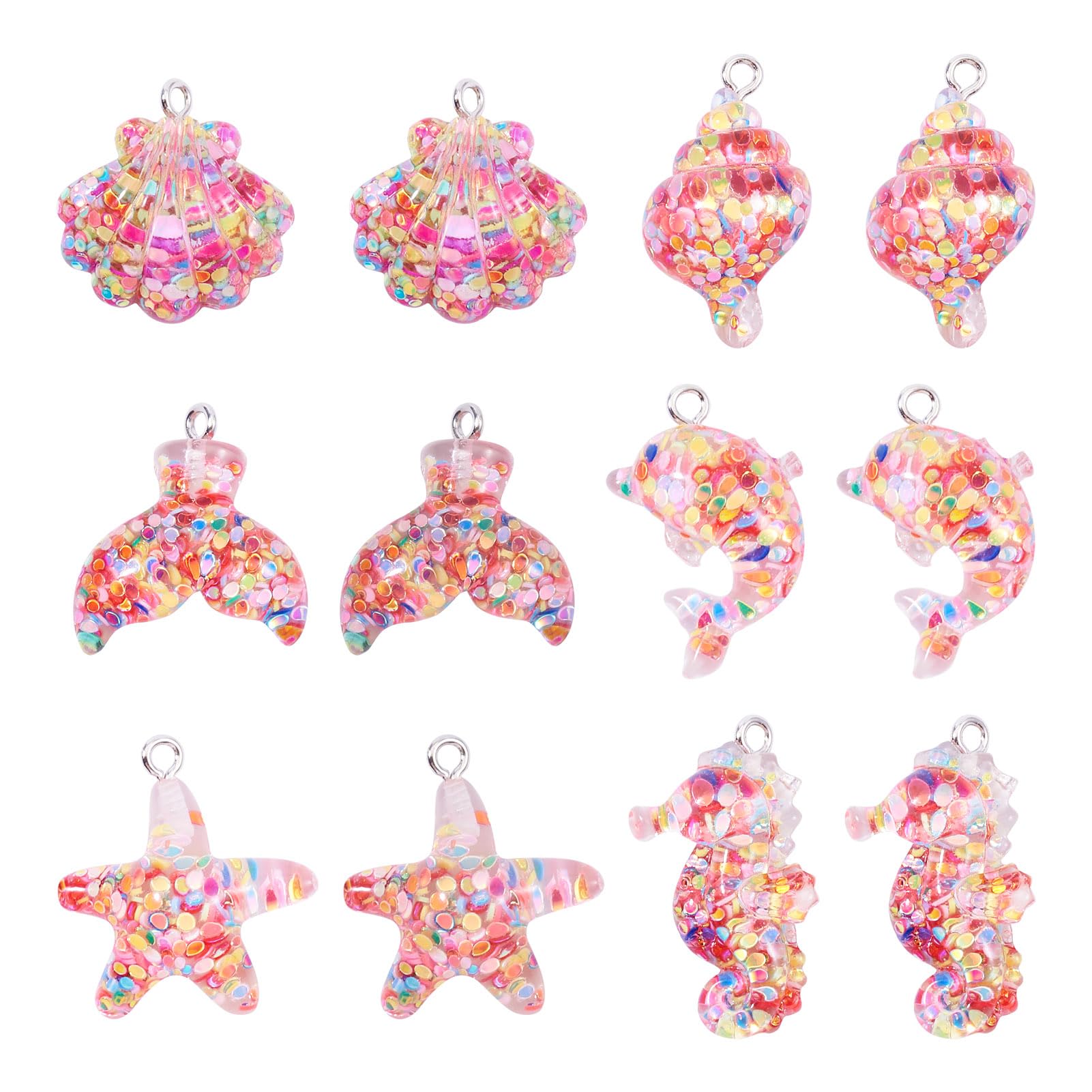 Crafans 24Pcs Marine Organism Charm Transparent Fish Tail Sea Horse Starfish Resin Dangle Charms Pink Inner Mermaid Shell Summer Charms for DIY Necklace Jewelry Making