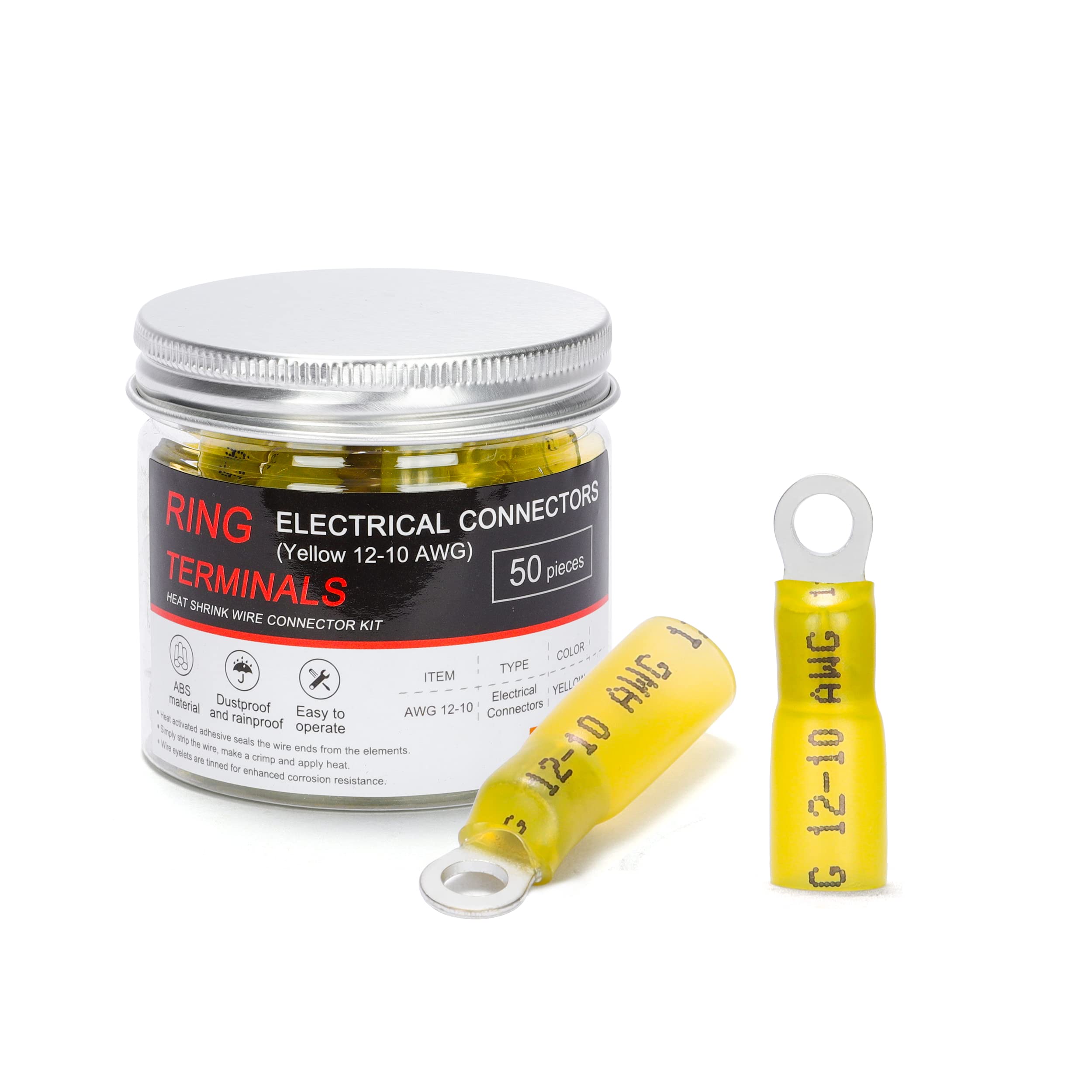 Photo 1 of HKS 50 PCS Ring Terminals #8 Yellow 12-10 AWG - M4 - Electrical Connectors - Heat Shrink Wire Connector Kit - Tinned Red Copper - Automotive Marine Ring Connectors - Waterproof and Insulated