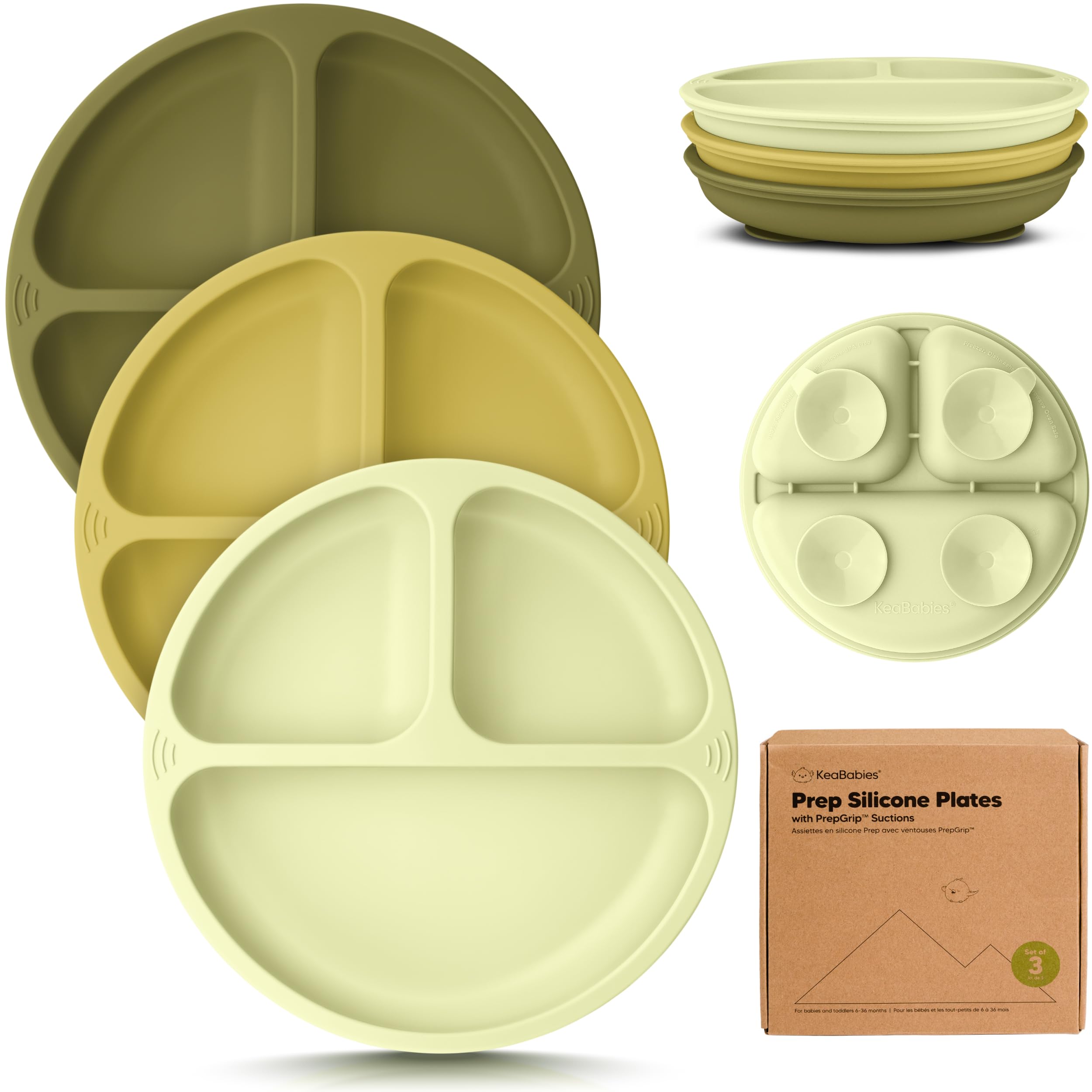 Photo 1 of KeaBabies Suction Plates for Baby, Toddler - 3-Pack 100% Silicone Toddler Plates with Suction, Divided, BPA-Free Baby Led Weaning Essentials for Kids, Dishwasher, Microwave Safe, Durable (Olives)