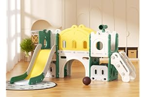 YUFU 8 in 1 Toddler Slide, Kids Slide for Toddlers Age 1-3, Toddler Playset with Climber, Basketball Hoop and Telescope, Indoor Outdoor Playground (Yellow Green)