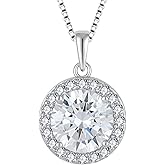 JIWOY Birthstone Necklace for Women 925 Sterling Silver Round Halo Pendant Jewelry Gifts for Her 10mm Solitaire Necklace