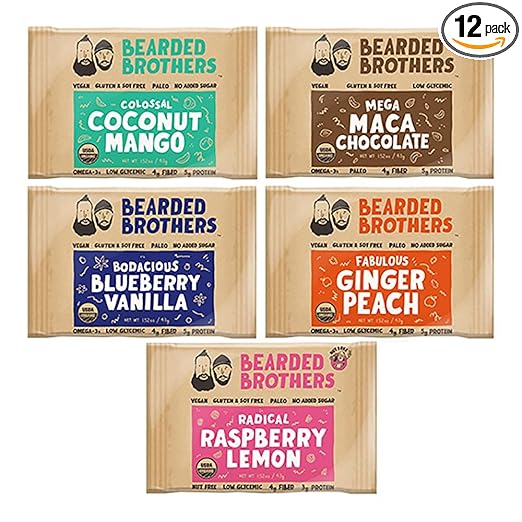 Bearded Brothers Whole Food Energy Bars: 5 flavors, Paleo, Gluten Free, Soy Free, Vegan, Non-GMO, USDA Organic, Low Glycemic, Great Source of Protein and Fiber (12-Pack) best paleo bars