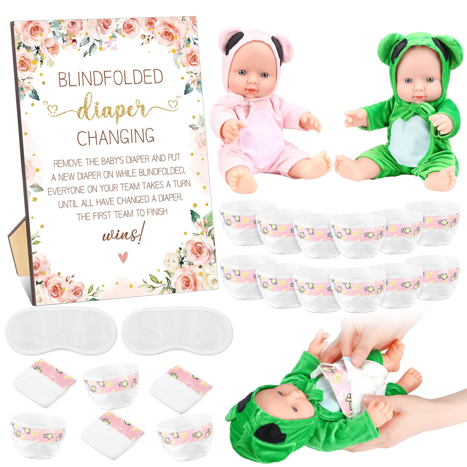 Photo 1 of Seeloowy 17 Pcs Baby Shower Game Supplies for Blindfold Diaper Changing Baby Dolls with Blindfolds Diapers Baby Changing Diaper Race Game Set for Baby Shower(Flower)