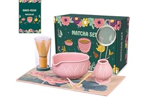 LAYOFE Matcha Whisk Set - 7pcs Japanese Tea Ceremony Kit with Spouted Bowl & Bamboo Whisk, Matcha Starter Kit for Beginners - Authentic Green Tea Accessories, Gift Set for Lovers-Pink