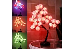 Fanshunlite Valentines Day Decor Table Lamp Rose Flower Tree Decorations with 18 Colors Changing, Colorful 18" Lighted Rose Tree 24 LED Bonsai Tree Light for The Home Wedding Dinner Party, Red