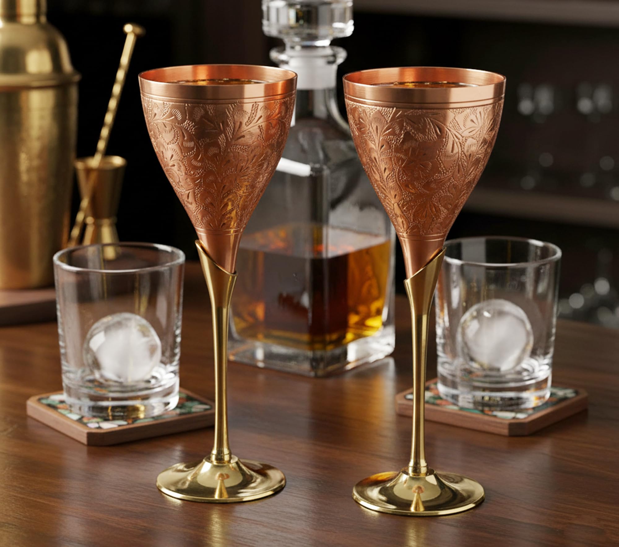 ESPLANADE Engraved Copper Plated Pure Brass Premium Goblet Champagne Flutes Coupes Wine Glass Set Standard Copper