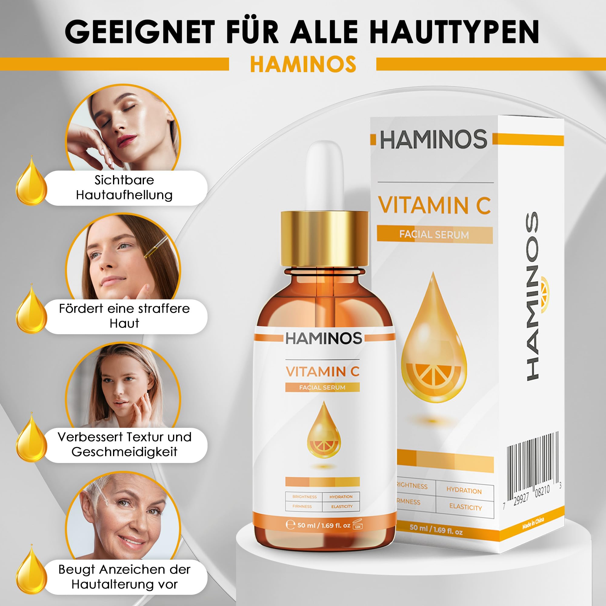 HAMINOS Vitamin C Serum mit Niacinamid, Hyaluronsäure und Peptiden – Aufhellend, Straffend, Feuchtigkeitsspendend, Anti-Falten und Antioxidativ - EINZIGARTIGE FORMEL (50 ml) 3