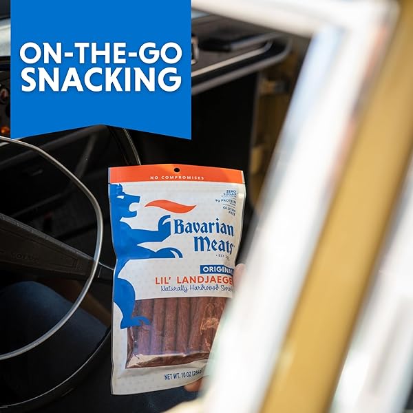 BAVARIAN MEATS LIL’ LANDJAEGER MEAT STICKS, SMOKED SAUSAGE PROTEIN SNACKS, ZERO SUGAR, GREAT SOURCE OF PROTEIN, GLUTEN FREE, KETO FRIENDLY LOW CARB SNACK, 10 OUNCE