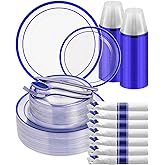 Goodluck 350 Piece Blue Plastic Plates, Clear Plastic Silverware Disposable Plates Set, Include 100Plates, 50Pack Pre Rolled Napkins with Silverware, 50Cups for Party, Wedding, Graduation