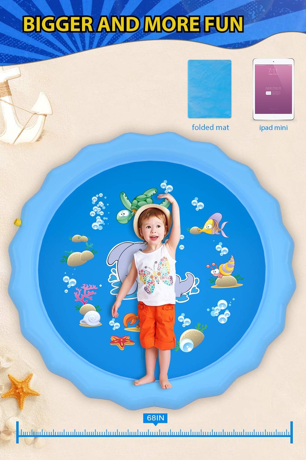 QPAU Splash Pad, 68" Sprinkler for Kids Dogs, Kiddie Baby Shallow Pool,Outside Toys Water Toys for Kids, Outdoor Toys for Toddlers Age 3-5 (Blue): Toys & Games