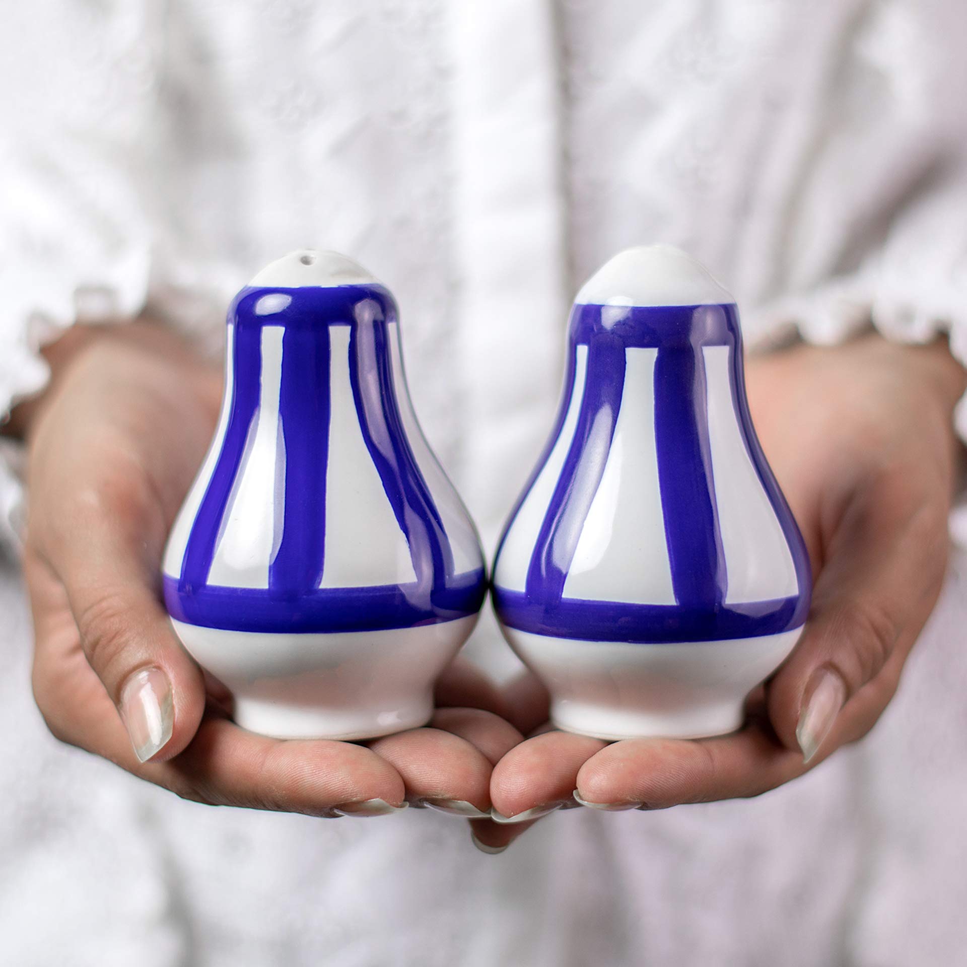 City to Cottage Ceramic Salt and Pepper Shakers Set, Salt Shaker, Salt and Pepper Set, Farmhouse Kitchen Counter Decor for Home Restaurants Wedding, Handcrafted Navy Blue Stripe Coastal Spice Shakers