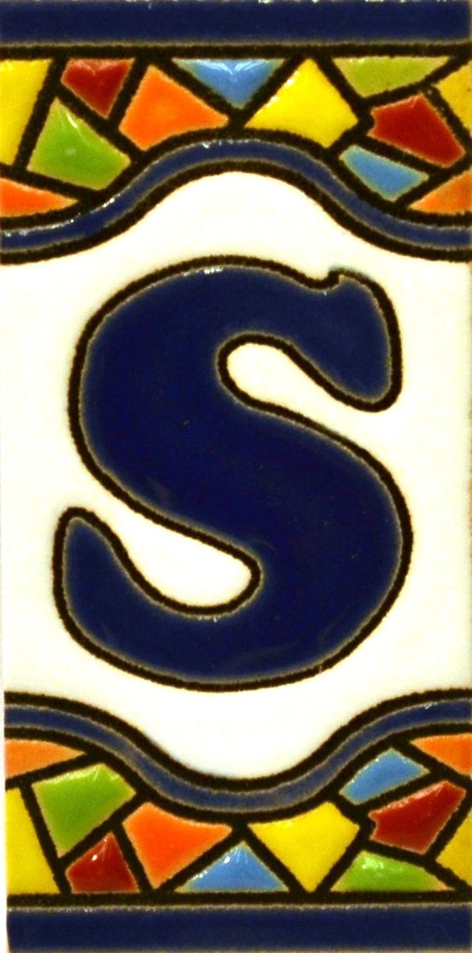 ART ESCUDELLERS House Letter Tile, Ceramic, 2.87 * 1.38 inch, Letter 'S', Traditional Spanish Geometric Style, Address, Name, Directional, Entrance, Porch