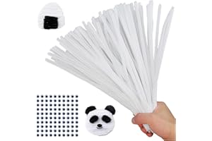 AHUIFT Upgraded 100PCS White Pipe Cleaners Chenille Stems Bulk DIY Art Supplies Craft Bonus Googly Eyes Thicker Long Fuzzy Sticks Wires for Adults and Toddlers