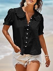 Tankaneo Womens Puff Sleeve Shirts Peter Pan Collar