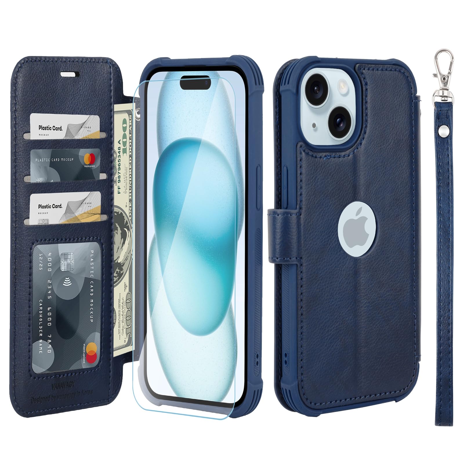 VANAVAGY Compatible with iPhone 15 Plus/14 Plus Wallet Case,Rfid Flip Leather Cover with Wrist Supports Wireless Charging with Card Holder,[Glass Screen Protector and Camera Cover],Navy Blue