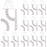 12 Pack Baseball Party Favors Gift Bags with Handles - White Kraft Paper Goodie Treat Bags for Kids Team, Boys Birthday, End of Season Sports Snack Loot Bags, Team Celebration Decorations Supplies
