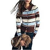 RoseSeek Women's Collared Striped Cardigans Button Down Long Sleeve Cropped Sweaters Preppy Outfits