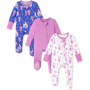 PATPAT 3 Pack Bamboo Viscose Baby Footed Pajamas with Anti-Grips | Fold-Over Mittens, 2-Way Zipper, Super Soft Fiber, Stretch